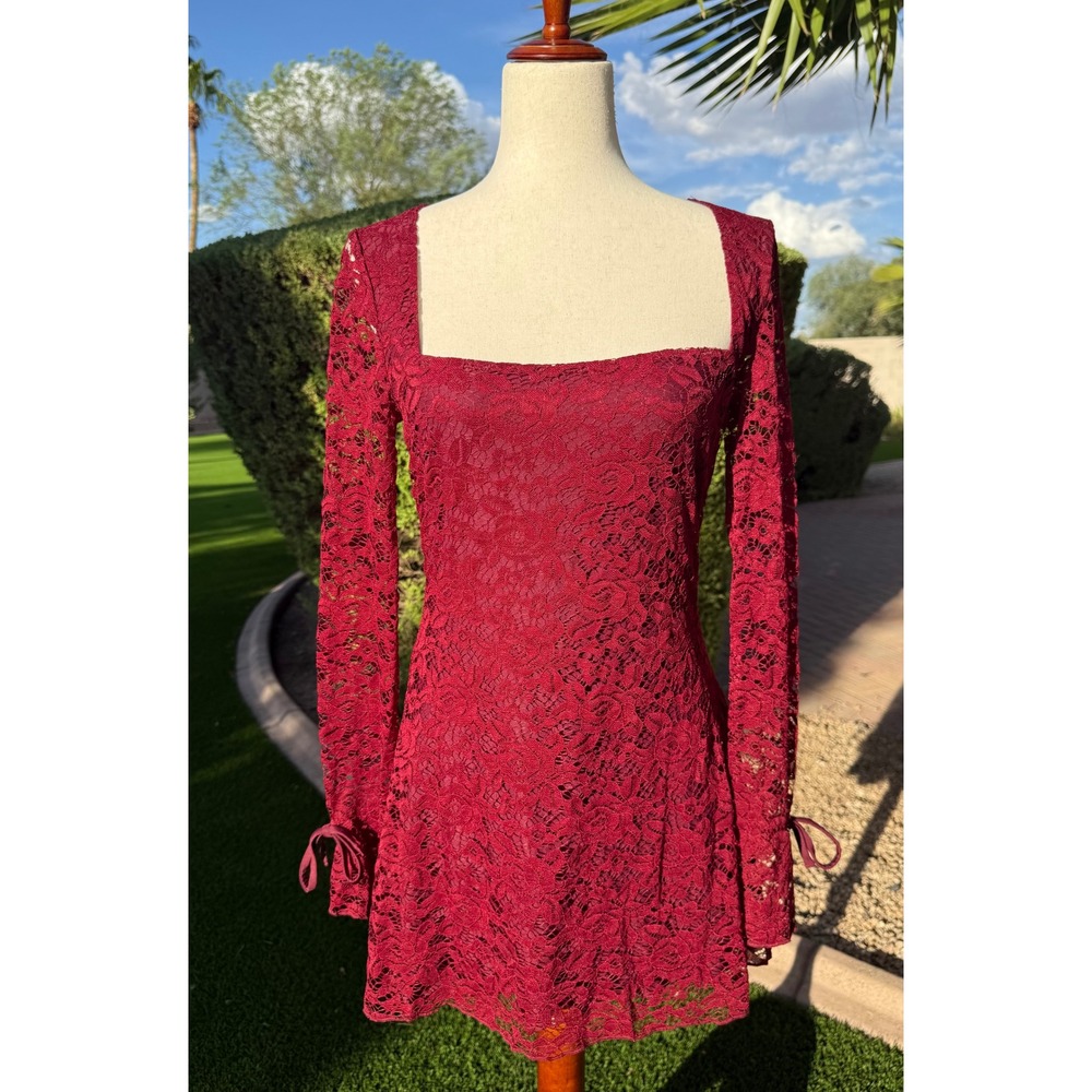 NWT Princess Polly Lucianna Burgundy Lace Mini Dress Long Sleeve Square Neck 6